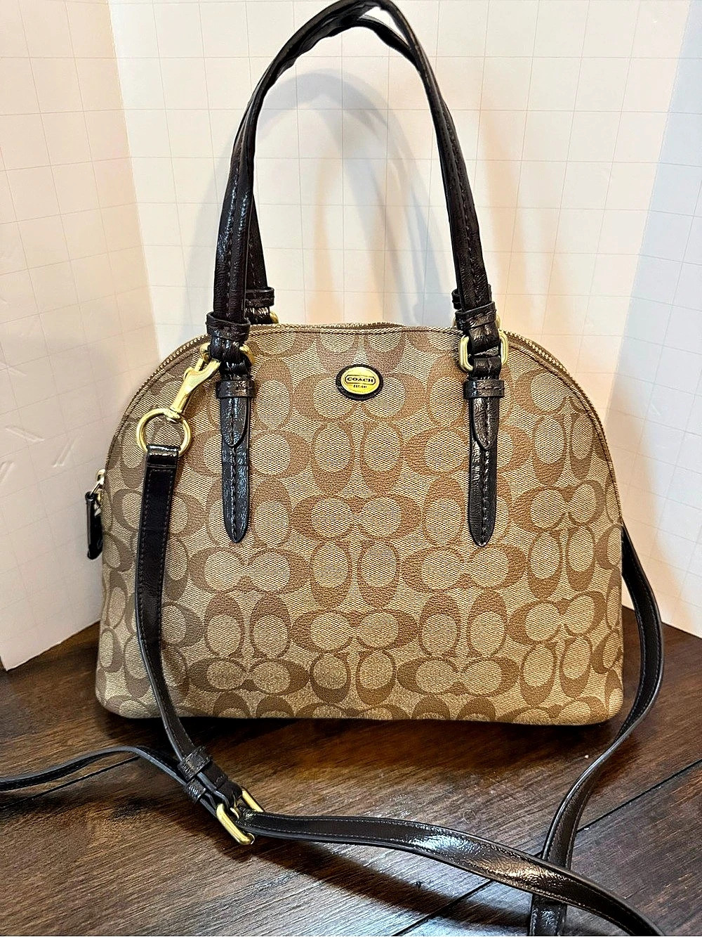 Coach Peyton Signature Cora Domed Satchel Signature Satchel in Brown & Tan